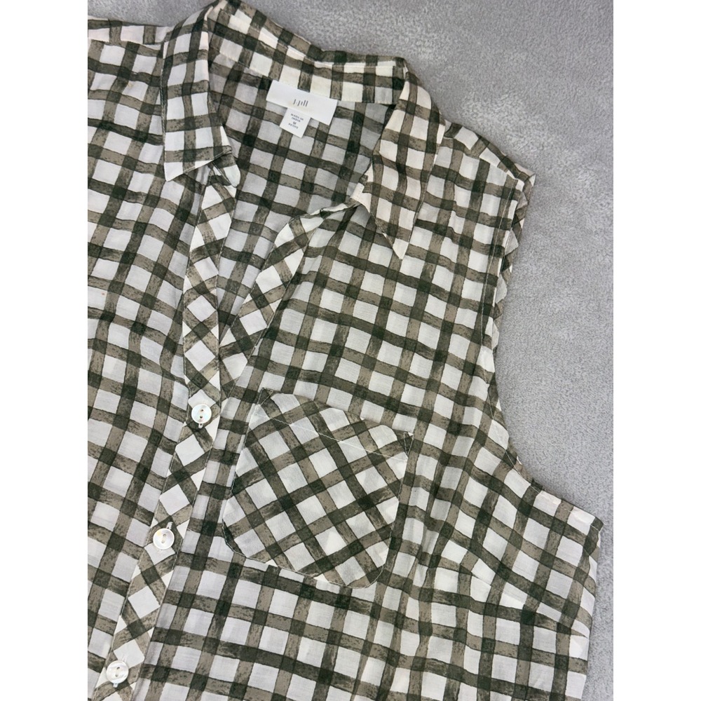 J.Jill Olive Green Gingham Cotton Silk Tie Front Sleeveless Shirt Petite Medium